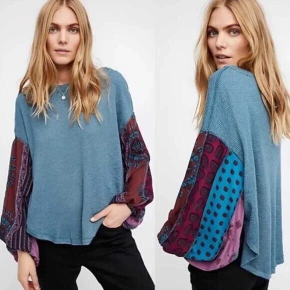 We The Free People Blossom Thermal Patchwork Balloon Sleeve Oversized Pullover S - Picture 11 of 11